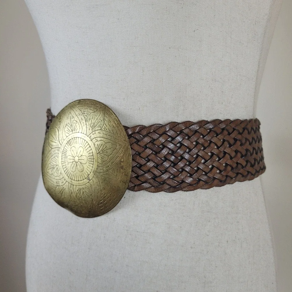 Brown Leather Belt Large Medallion Buckle Floral Etched Boho Boho Artisan Hippie